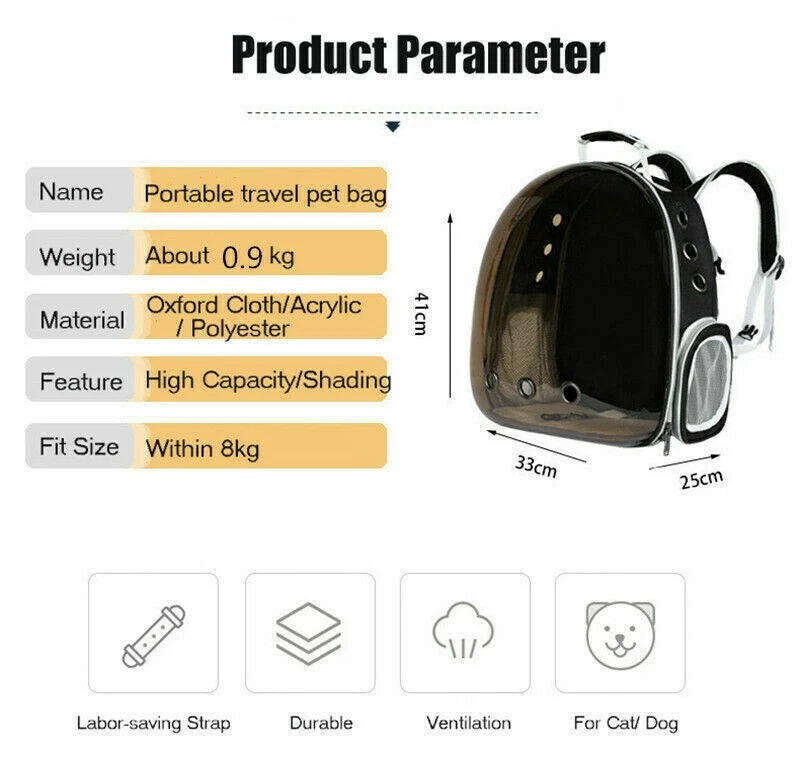 Pet Portable Carrier Backpack Space Capsule Travel Cat Bag Transparent Ventilate